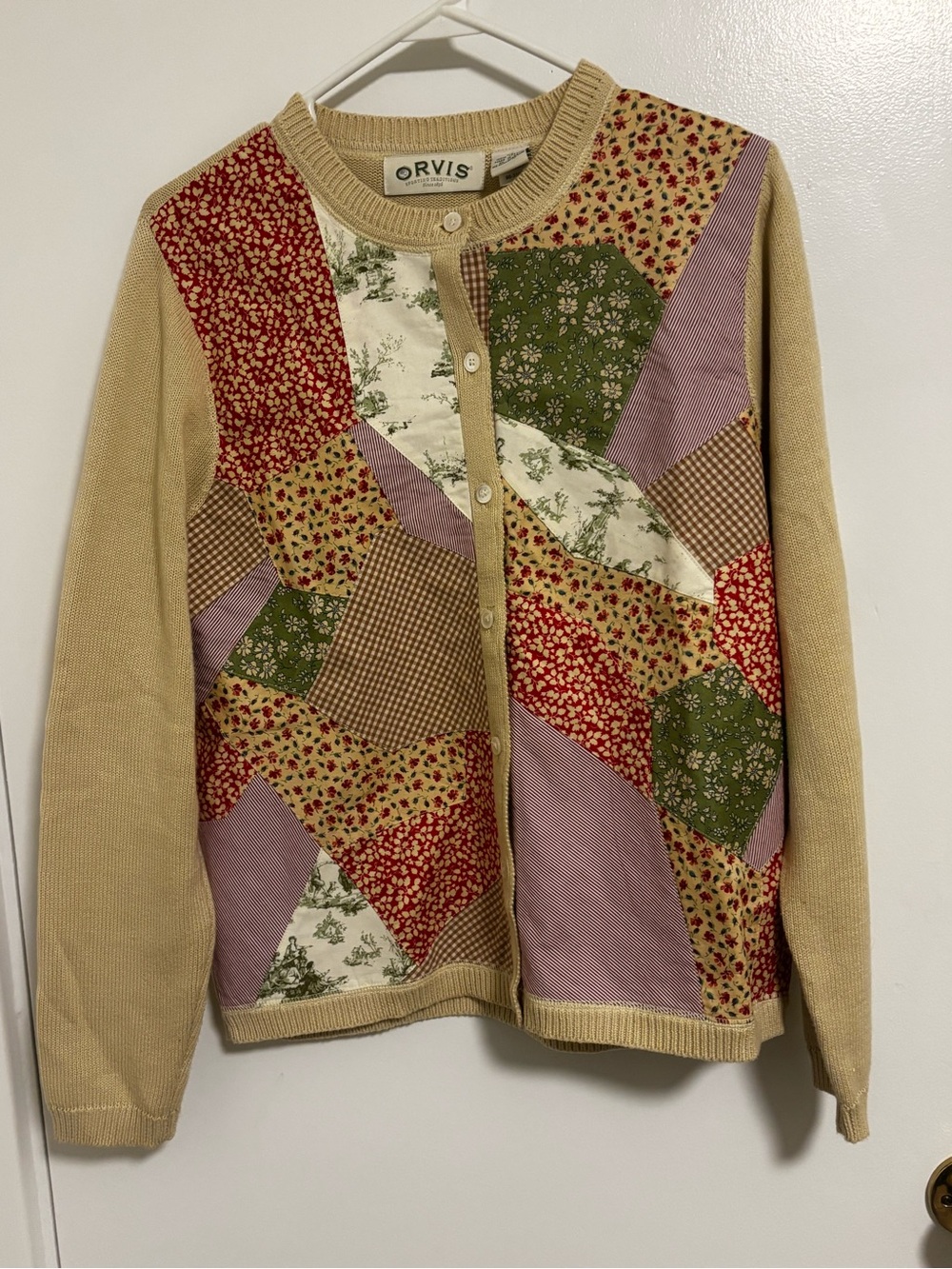 Vintage Orvis  Beige Patchwork Cardigan with Green, Red, Purple Accents